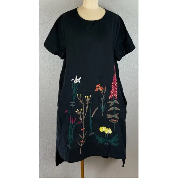 Black Floral Embroidered Tunic Oversized Midi Dress Cotton Linen‎ Lagonlook XL - Picture 9 of 14
